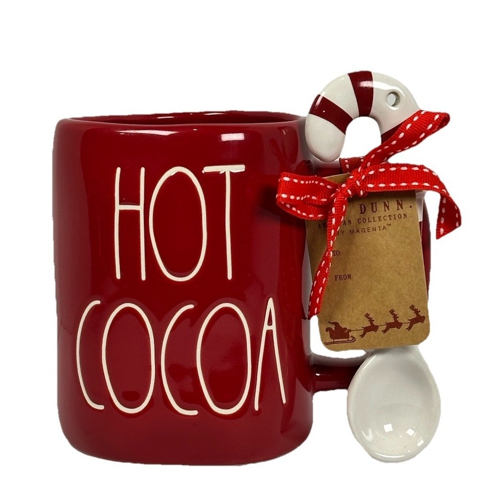 Rae Dunn Hot Cocoa Mug Red Christmas Gift Set w Candy Cane Spoon